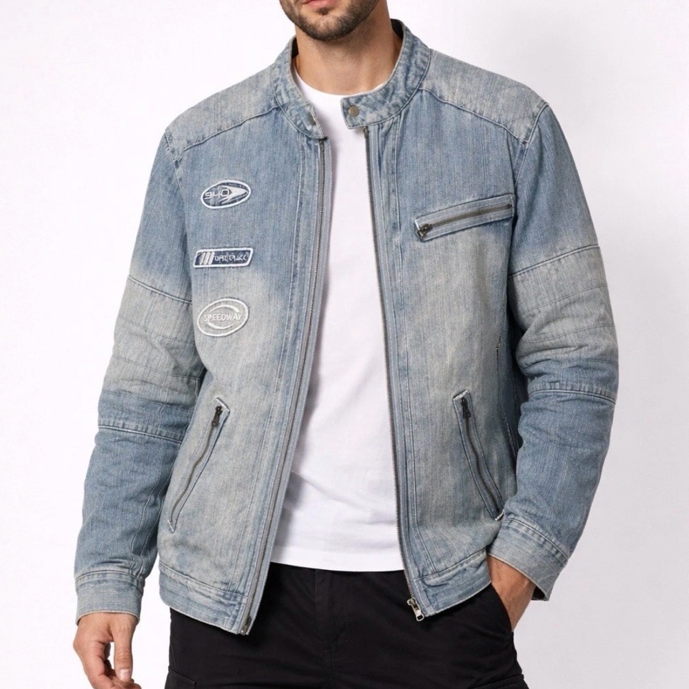 PJ Mark Moto Jacket XXL Blue Racing Patch Structured Zip Y2K